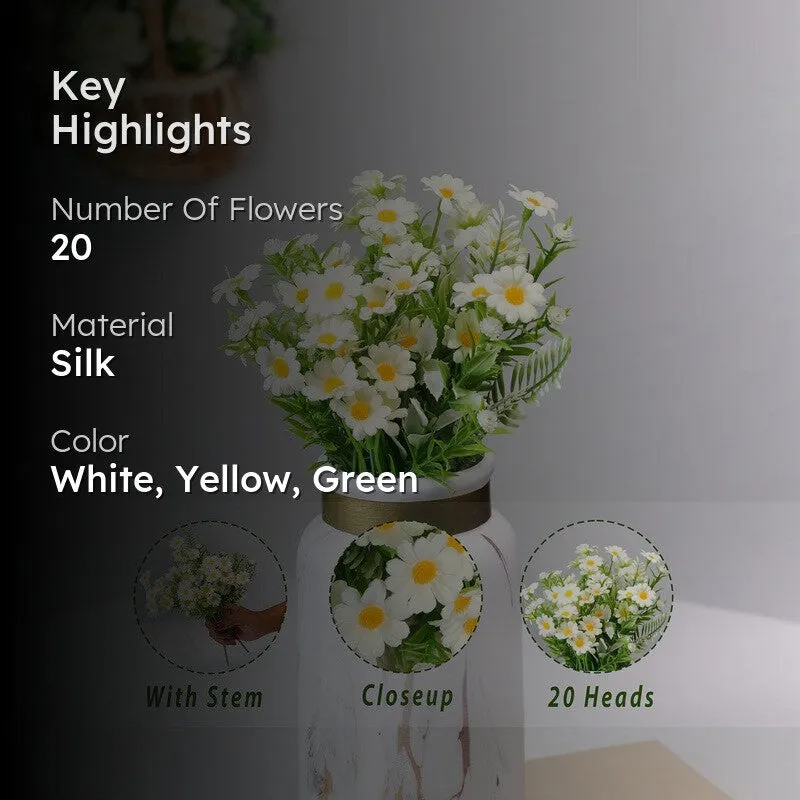 Bit-Daisy Silk Artificial Flower Stick - White & Yellow media 2