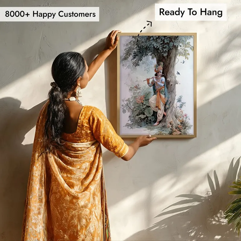 Sri Krishna Fluit Playing Blissful Archival Paper Wall Art - Natural Brown Frame media 7