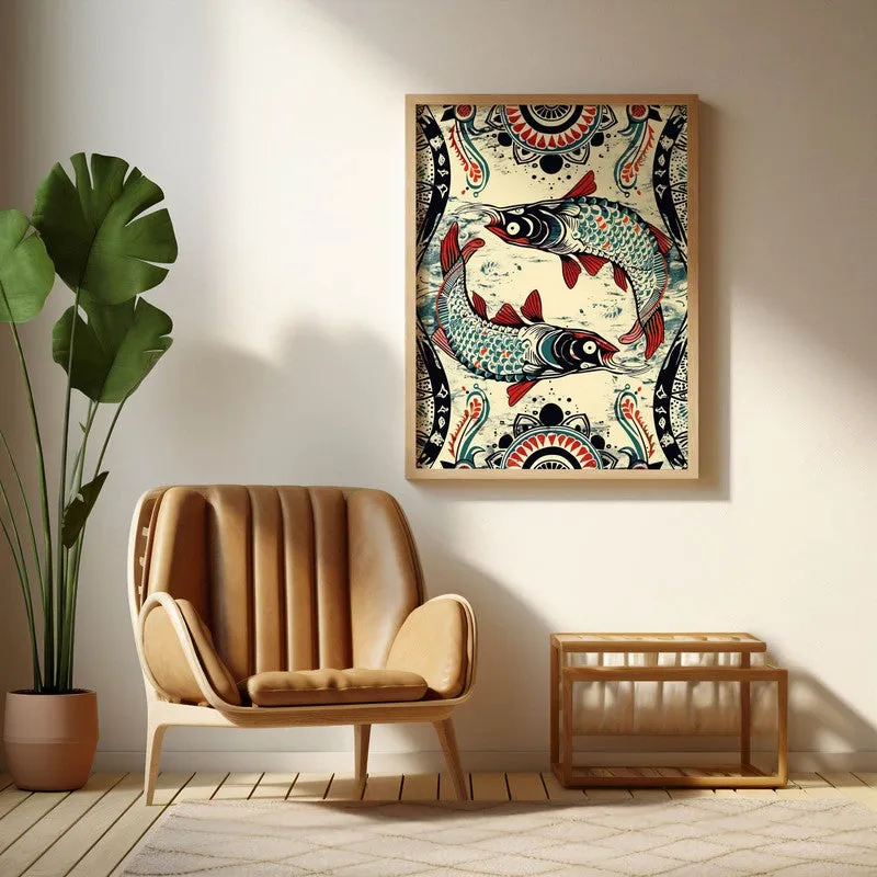 Fish Illustration Canvas Wall Painting With Brown Frame media 9
