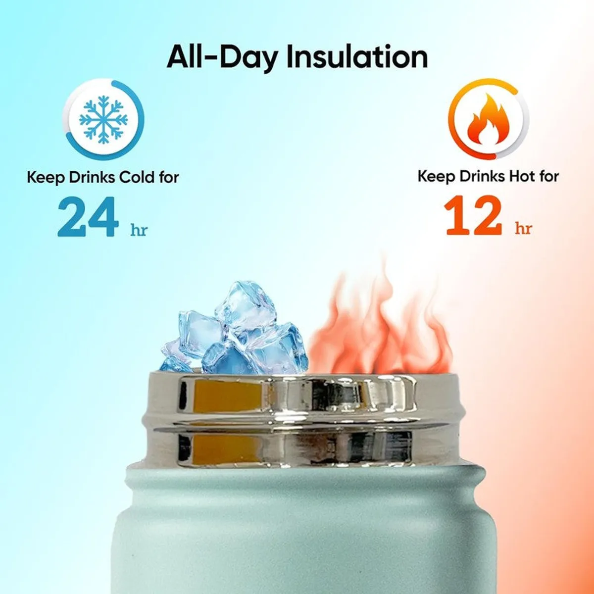 Close-up of bottle opening with ice and heat graphic for insulation