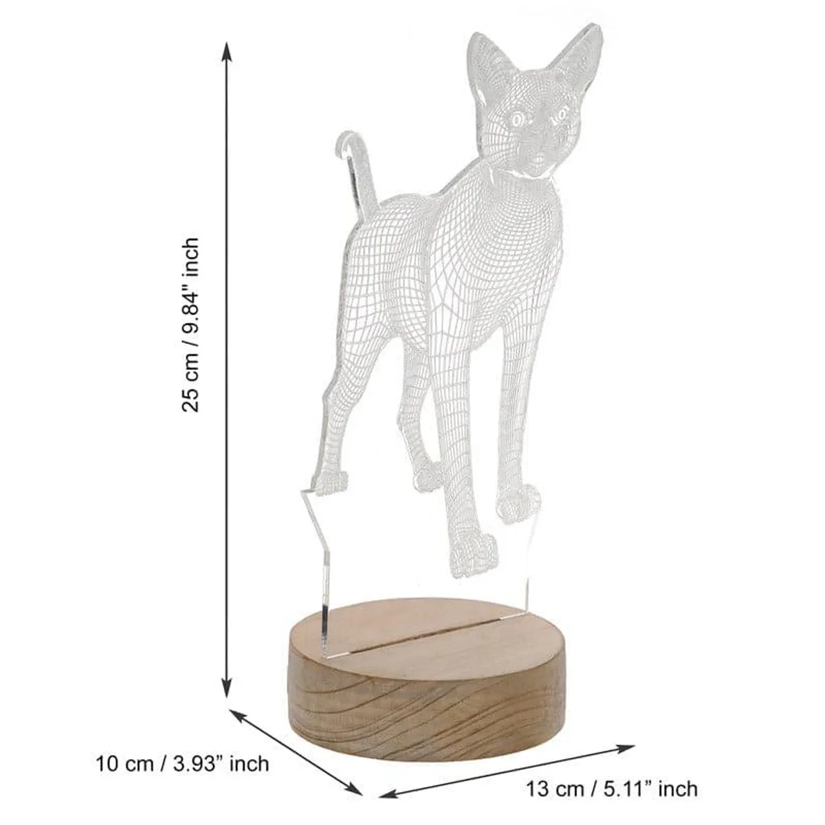 Cat-shaped acrylic lamp shown with its wooden base and dimensions