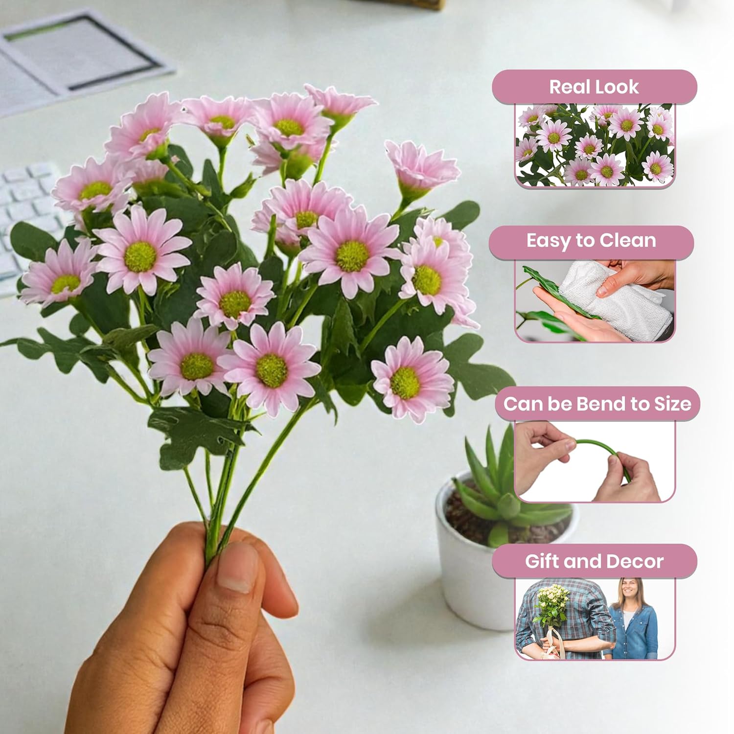 Azure Daisy Artificial Flower (Pink) - Set of Two media 3