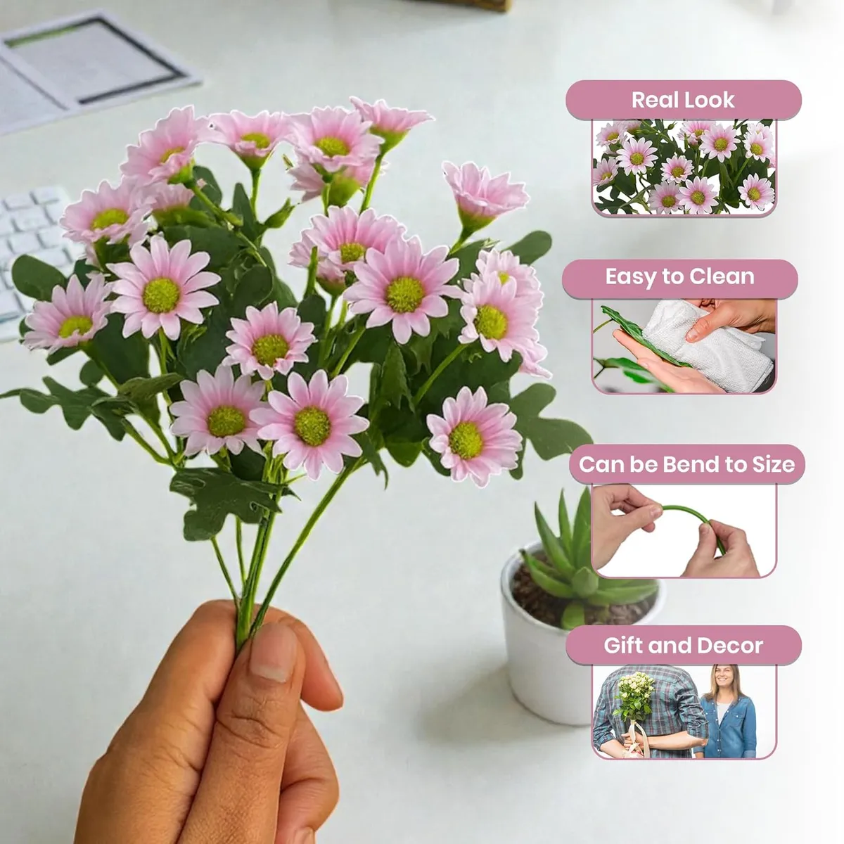 Azure Daisy Artificial Flower (Pink) - Set of Two media 3