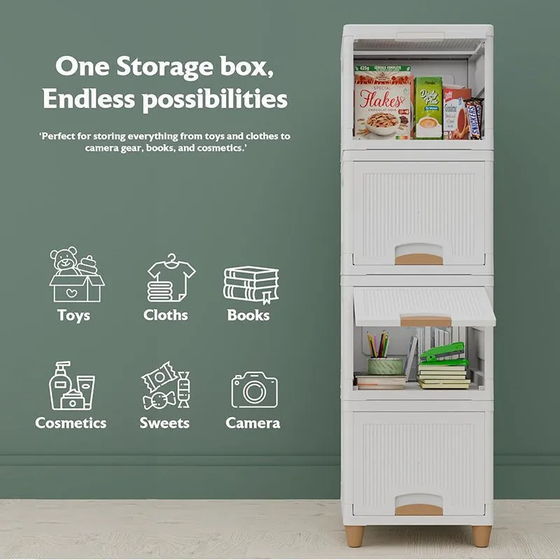 Tall white multi-tier organizer with ribbed doors and open compartments