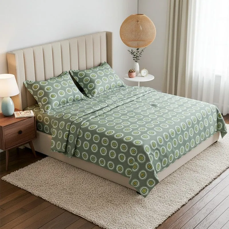 Bijo Ethnic Cotton Bedsheet (Green) - 144 TC media 1