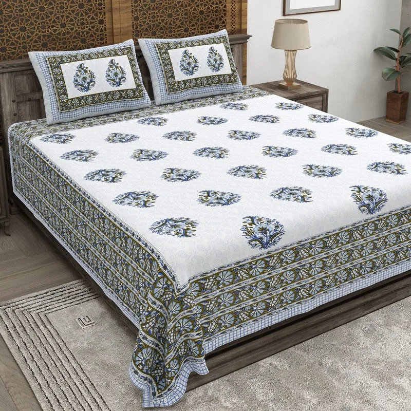 Vineel Cotton Bedsheet (Blue,Olive Green,White) - 240 TC media 1