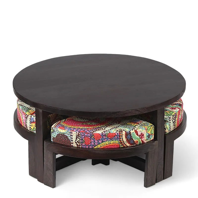 Ixeron Sheesham Wooden Center Table with Stools and Cushions (Brown) - Nine Piece Set media 3