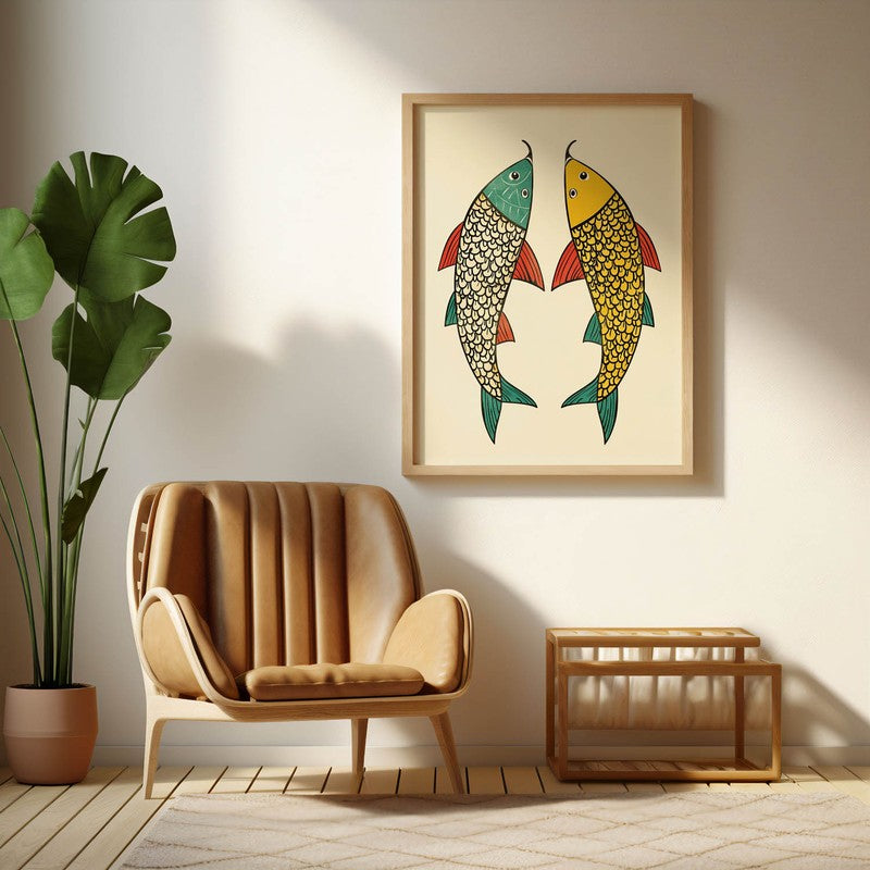 Twin Fish Folk Art Canvas Wall Painting With Brown Frame media 3