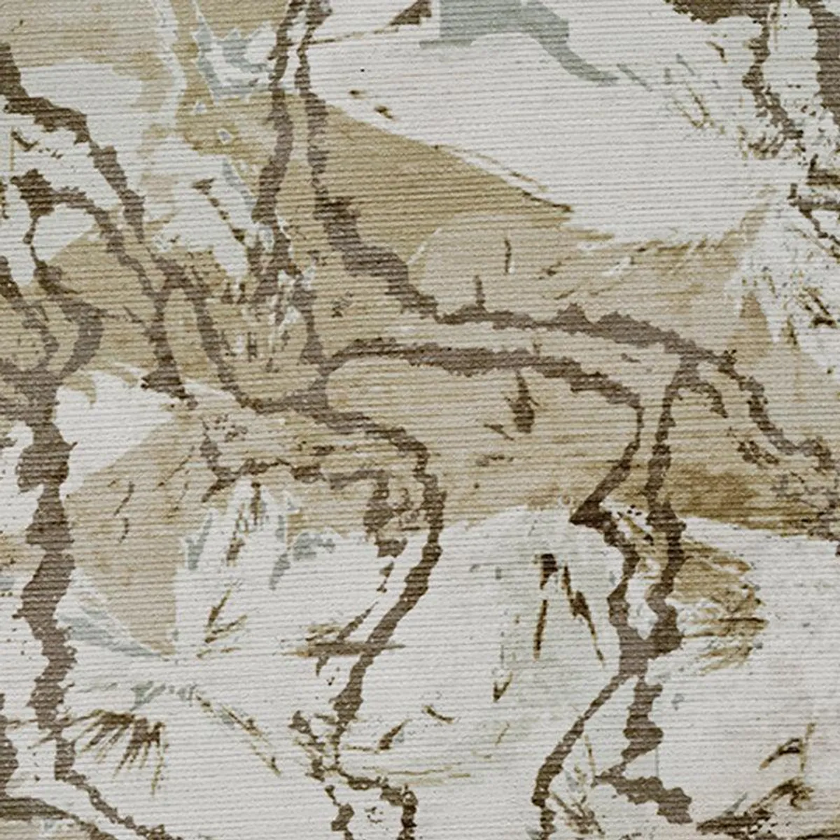 Detailed view of the carpet's abstract beige, green and brown pattern
