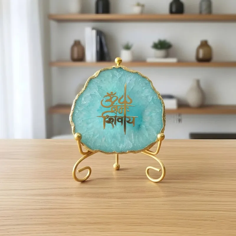Om Namah Shivay Agate Showpiece With Stand - Blue media 4