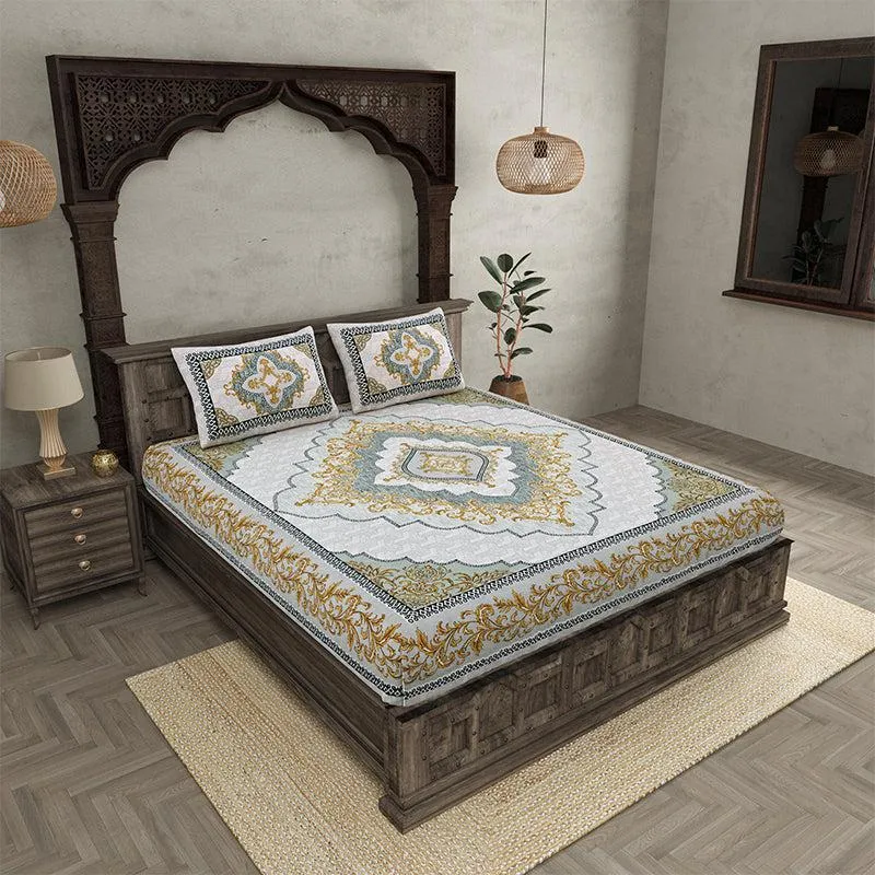 Chaitri Ethnic Cotton Bedsheet (Grey,Green) - 240 TC media 1