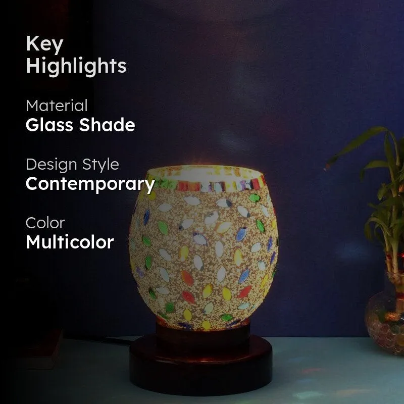 Lit mosaic table lamp shown with key highlights text overlay