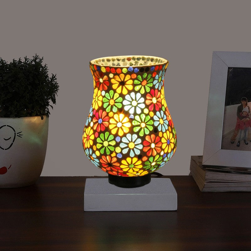 Flovira Mosaic Glass Table Lamp With Wooden Base - Multicolor