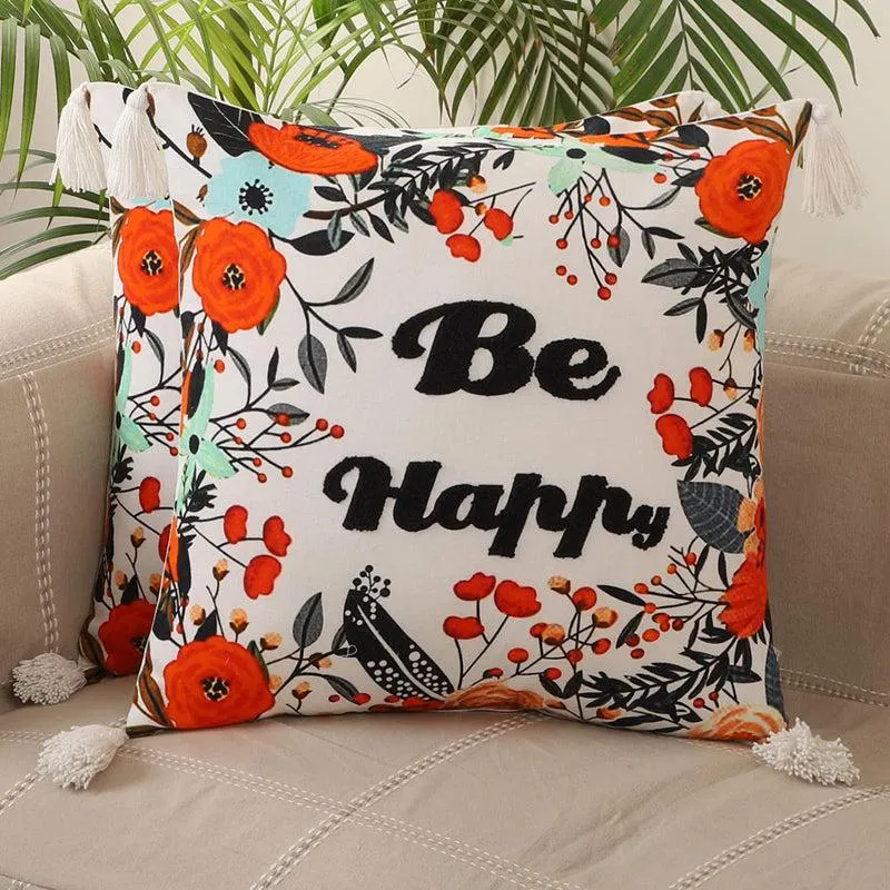 Vineyard Charm "Be Happy" Embroidered Cotton Cushion Cover - Set Of Two media 2