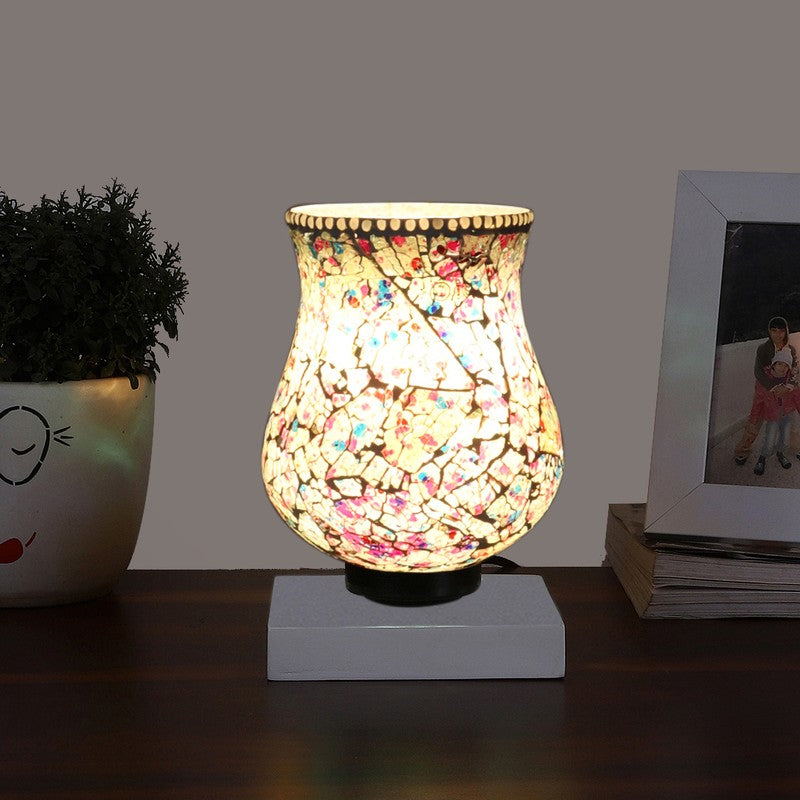 Glowfire Mosaic Glass Table Lamp With Wooden Base - Multicolor
