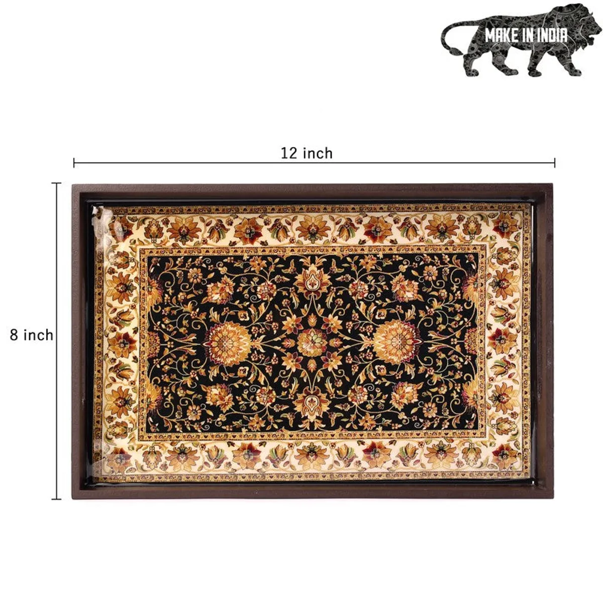 Top view of a black rectangular tray with a detailed floral centre and border.
