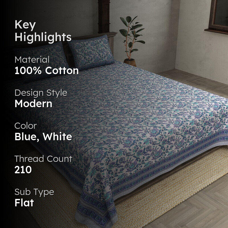 Miksha Floral Cotton Bedsheet (Blue) - 210 TC media 2