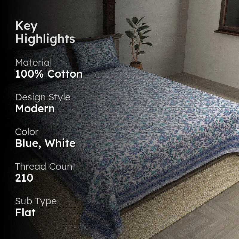 Miksha Floral Cotton Bedsheet (Blue) - 210 TC media 2