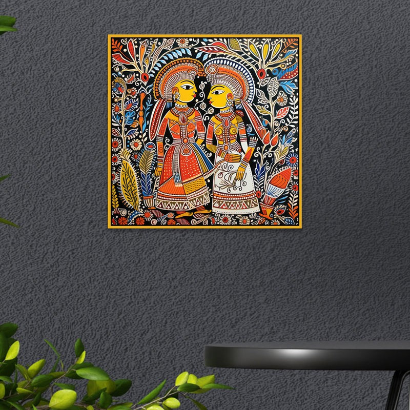 Madhubhani Motifs Canvas Wall Art With Frame - Small