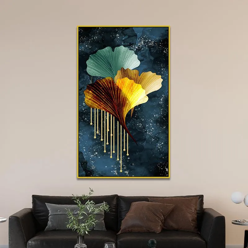 Indigo Aureum Floral Canvas Wall Painting With Frame - Gold media 1