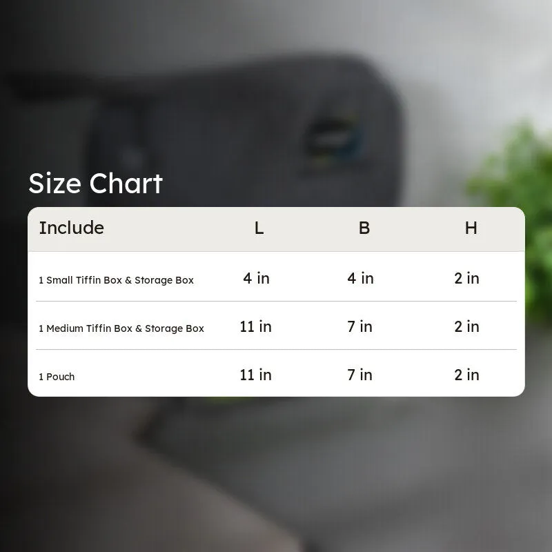 Product size chart shown beside the grey lunch pouch