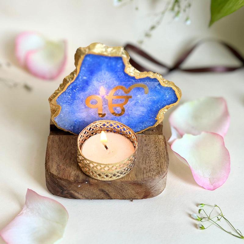 Ik Onkar Handcrafted Agate Religious Accent With Tealight Candle Holder - Blue media 4
