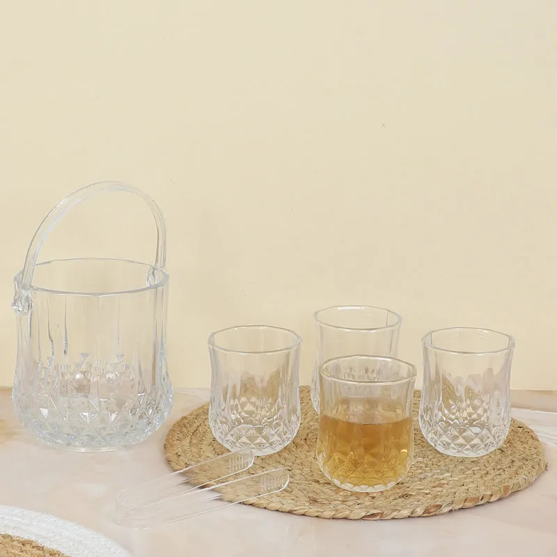 Diamond-pattern glass ice bucket set with four glasses and tongs