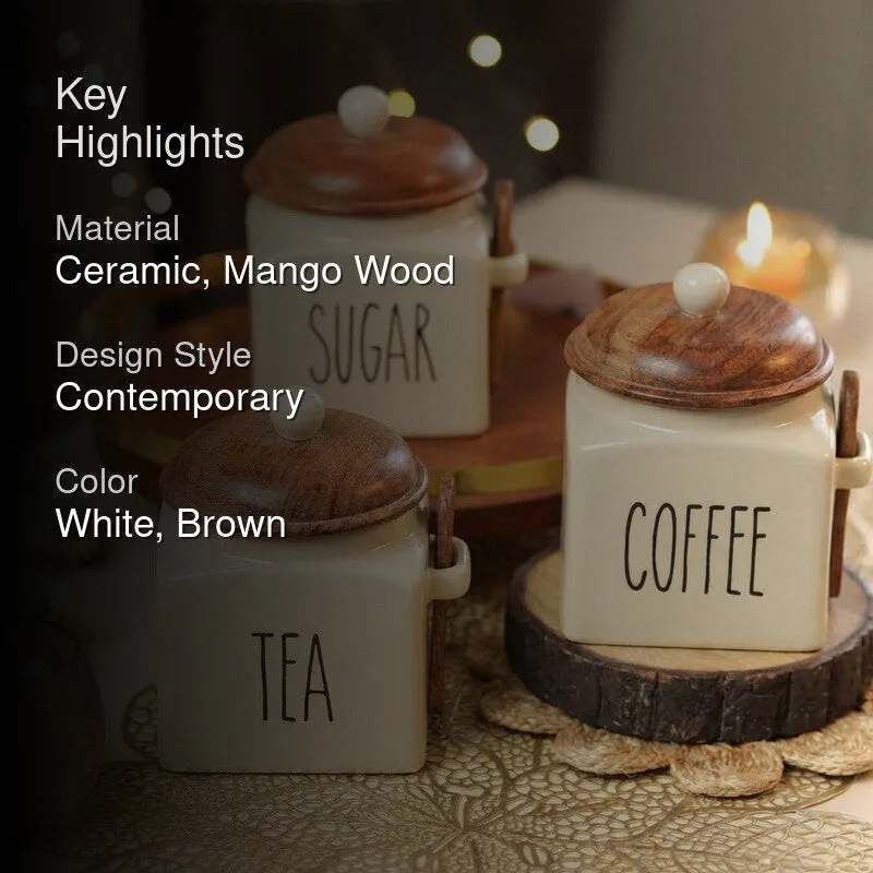 Ivory Ceramic Kitchen Storage Jar with Mango Wood Lid (1000 mL Each) - Set Of Three media 2