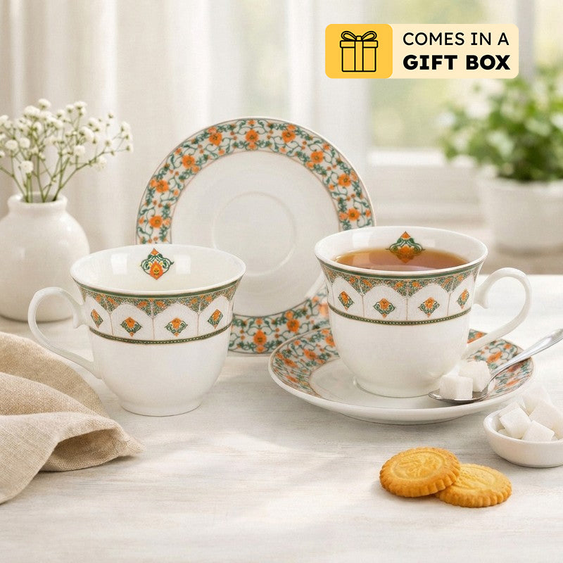 Vintage 24k Gold Brushed Porcelain Tea Cup (300 mL Each) - Twelve Piece Set