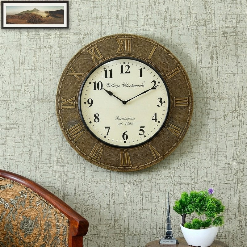 Brass Fitted Round Design Wood Wall Clock