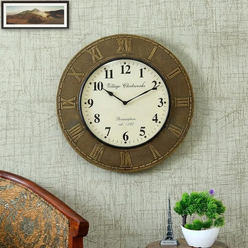 Brass Fitted Round Design Wood Wall Clock media 1