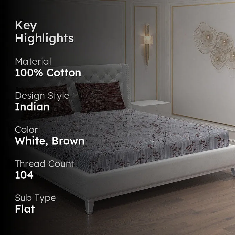 Monte Carlo Flora Form Cotton Bedsheet (White,Brown) - 104 TC media 2