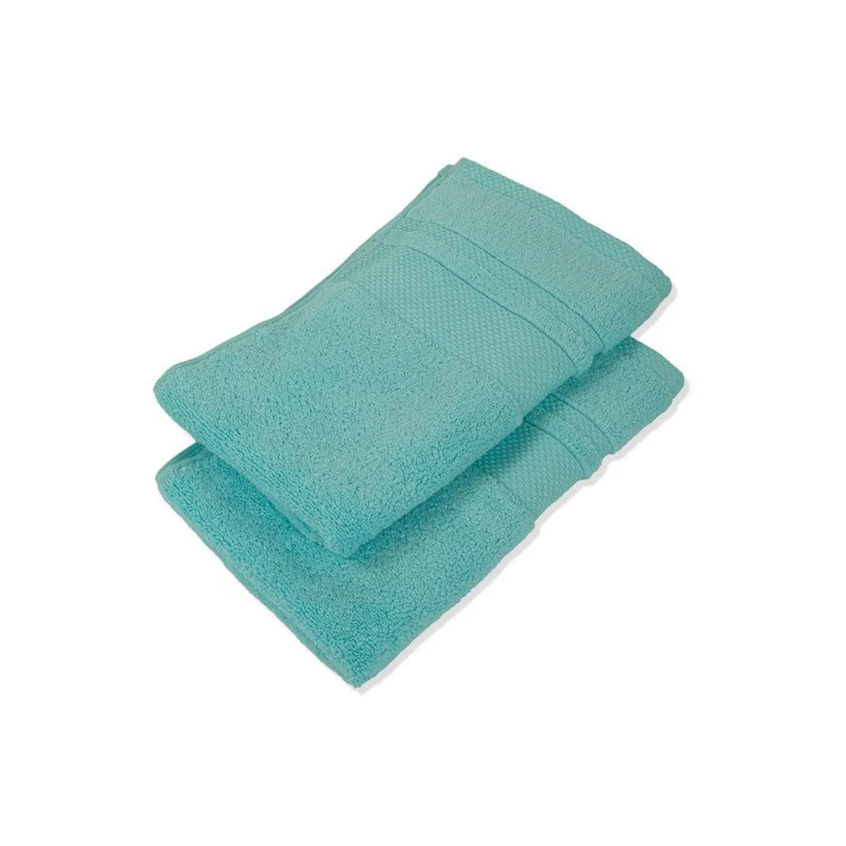 Two stacked turquoise towels showing their soft textured surface and border bands