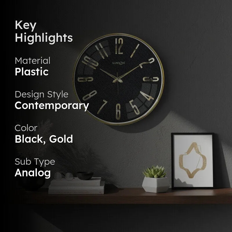 Elite Numeric Plastic Wall Clock - Black & Gold media 2
