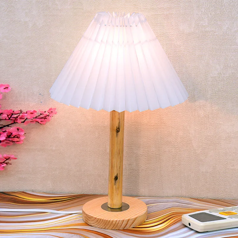 French Pleat Wooden Table Lamp - White,Brown media 1