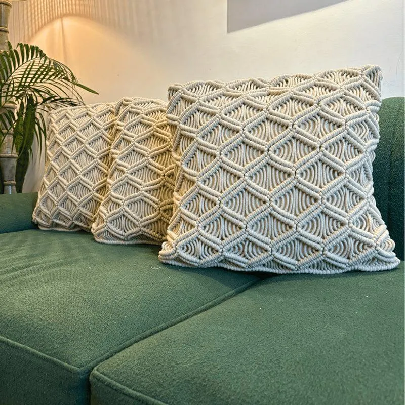 Loom & Light Macrame Textured Cotton Cushion Cover - Set Of Three media 1