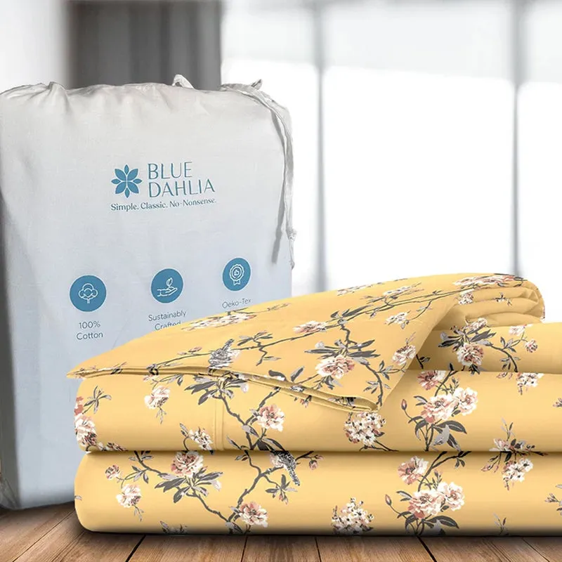 Cherry Blossom Printed Cotton Bedsheet (Mustard Yellow) - 300 TC media 10