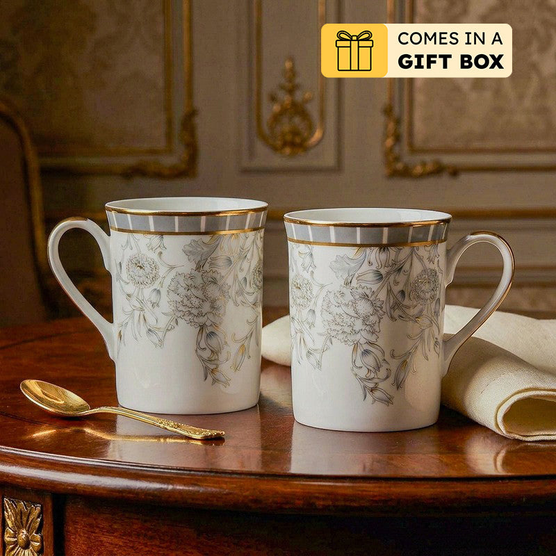 Gilded Iris Classic 24k Gold Brushed Porcelain Coffee Mug (300 mL Each/Grey) - Set Of Four