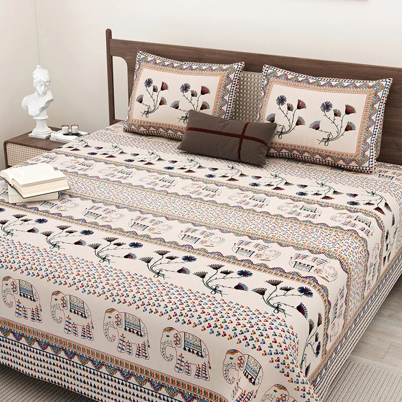 Aashvi Ethnic Cotton Bedsheet (Beige) - 180 TC media 4