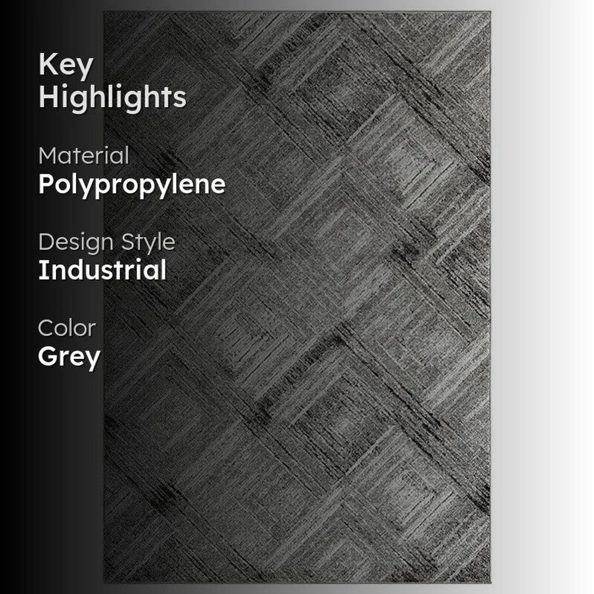 Grey geometric carpet with highlighted material, style and colour details