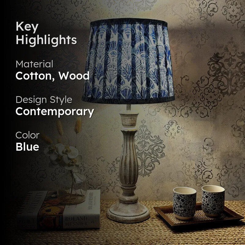 Cerulean Wooden Base Cotton Table Lamp - Blue media 2