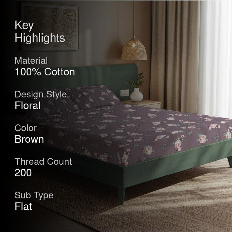 Earthy Petal Floral Cotton Bedsheets (Brown) - 200 TC media 2