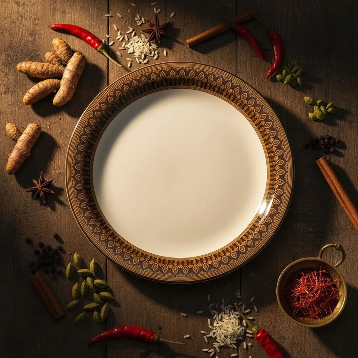 Round white plate with an ornate brown and gold leaf-patterned rim styled with spices.