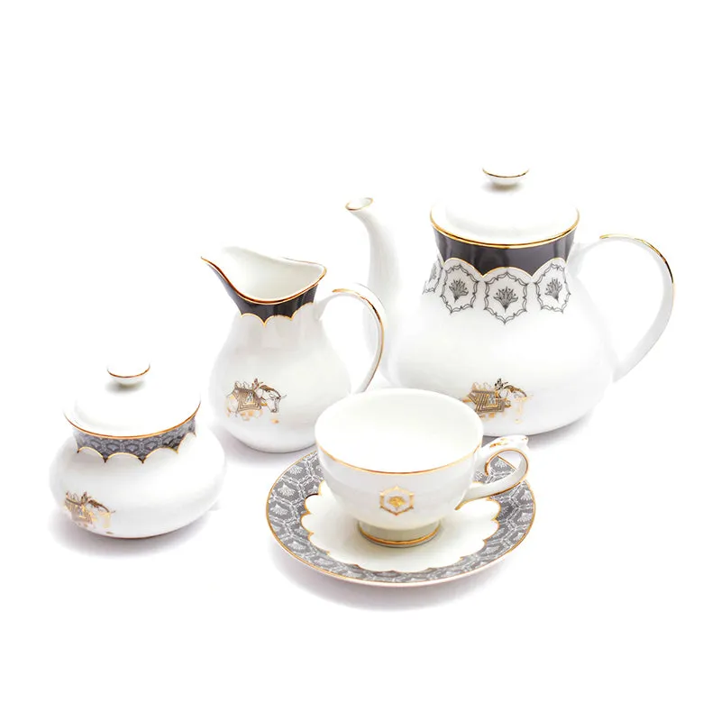 Gilded Legacy 24k Gold Brushed Porcelain Tea Set With Tea Pot (Grey) - Seventeen Piece Set media 6