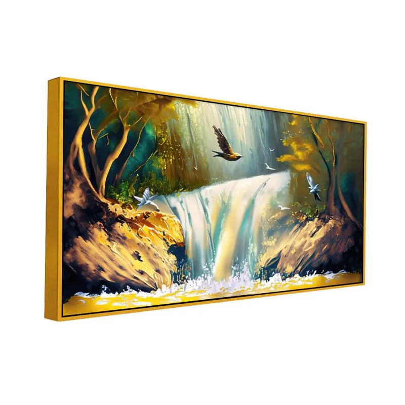 Enchanted Waterfalls Landscape Canvas Wall Painting With Frame - Gold media 4
