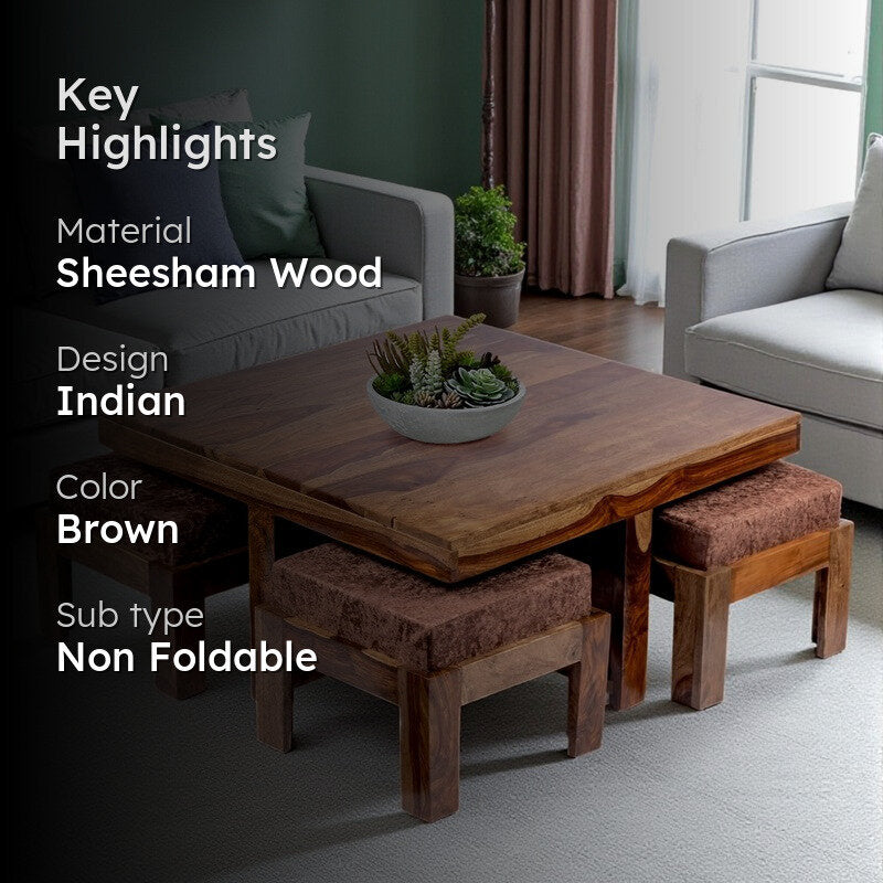 Evrino Sheesham Wooden Center Table with Stools and Cushions (Brown,Beige) - Nine Piece Set media 2