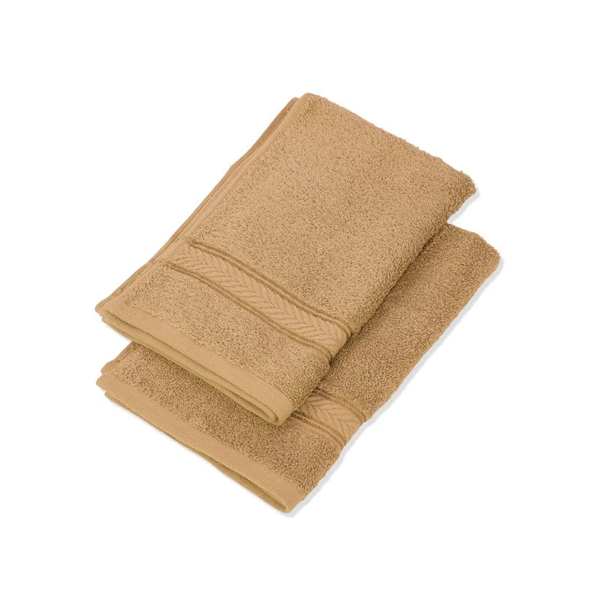Two folded beige hand towels stacked to show their plush texture and borders