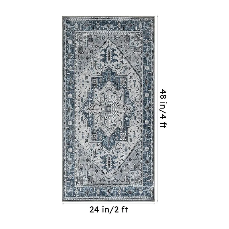 Blue and grey rectangular carpet with 2 ft by 4 ft dimensions shown
