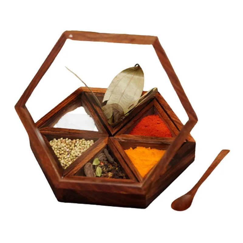 Pantry Sheesham Wood Hexagon Masala Box - Eight Piece Set media 6