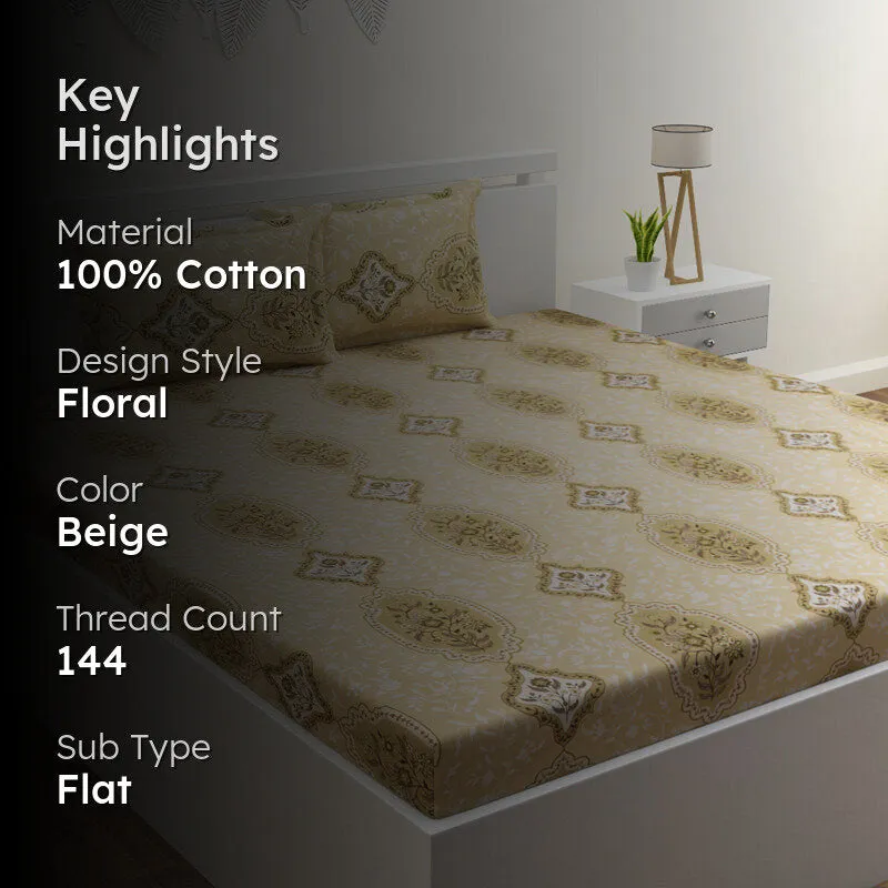 Serene Sleep Cotton Bedsheet (Beige) - 144 TC media 2
